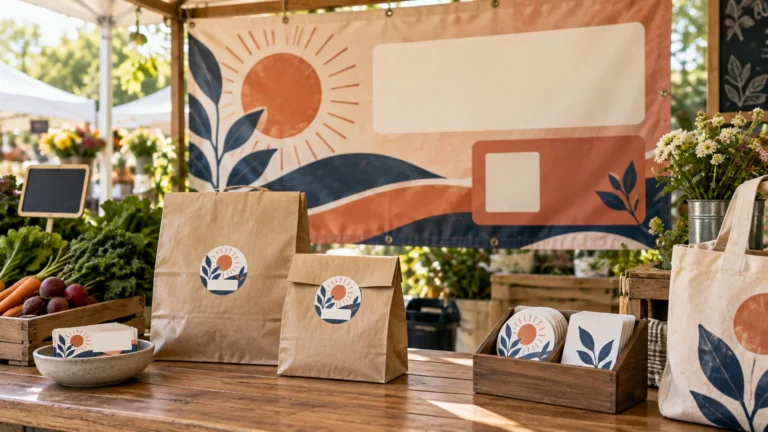 Farm-market table with kraft paper bags, round sun-and-leaf stickers, and a large matching peach-and-navy banner behind flowers and produce.