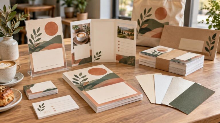 Coordinated botanical print collateral on a wooden café table, including stacks of illustrated flyers, a folded brochure, small cards, paper samples, and a branded-style paper bag in warm natural light.