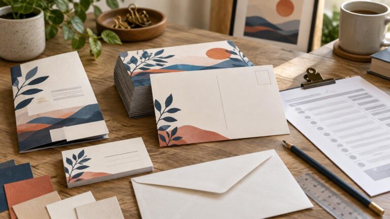 Coordinated botanical-patterned postcards, brochures, cards, envelopes, and paper swatches arranged on a wooden desk beside a clipboard, pencil, ruler, plant, and coffee mug.