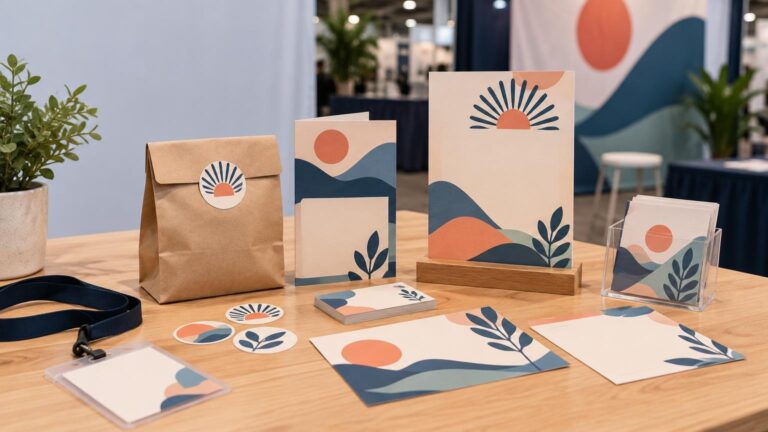 Coordinated unbranded trade-show giveaway display on a wooden table, with a kraft paper bag, folded brochures, postcard stacks, round stickers, blank cards, a badge lanyard, and a clear counter holder decorated with matching coral sun, navy hills, and leafy motifs.