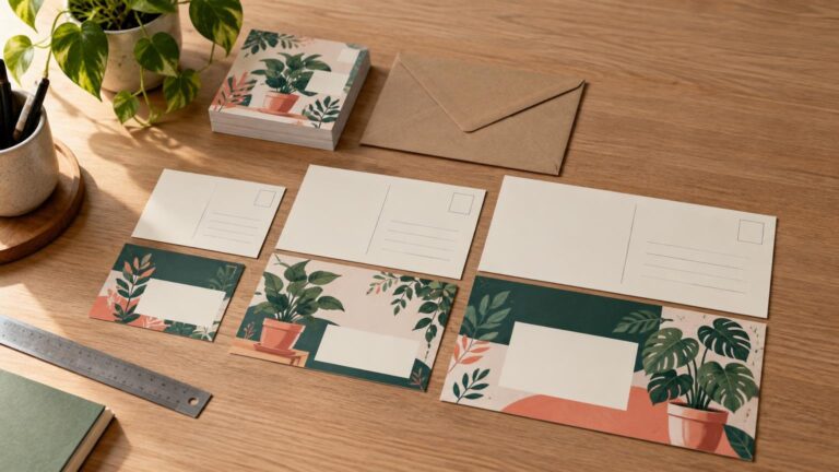Three differently sized botanical postcards, shown front and back, arranged on a sunlit wooden desk with a kraft envelope, matching postcard stack, metal ruler, notebook, and potted plant.