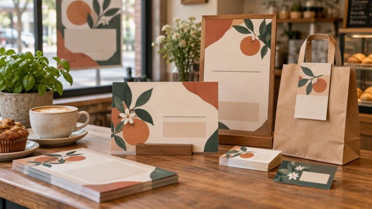 Coordinated floral print collateral with blank information areas displayed on a café counter beside a paper shopping bag, coffee, and pastries.