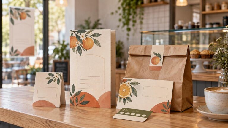 Coordinated citrus-themed paper marketing materials on a wooden café counter, including a tall flyer or menu, folded counter card, postcard, loyalty card, and kraft takeout bag with matching orange and leaf illustrations.