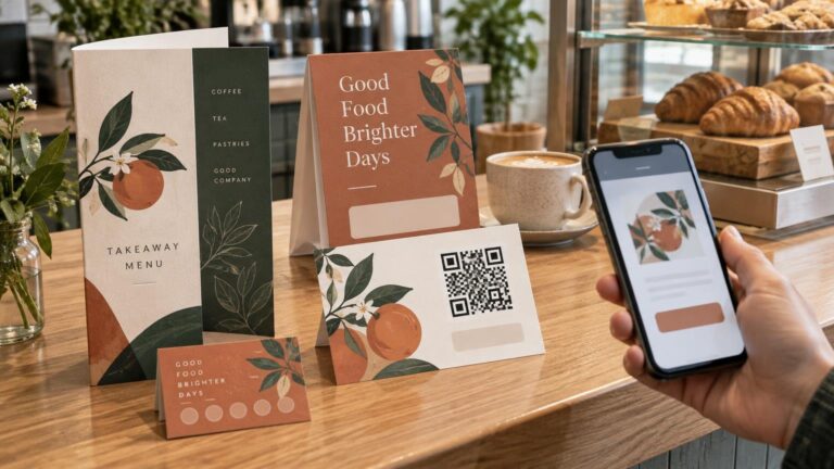 Coordinated citrus-and-leaf café print materials on a wooden counter, including a takeaway menu, tabletop sign, loyalty card, and a QR-code card being scanned with a smartphone beside coffee and pastries.
